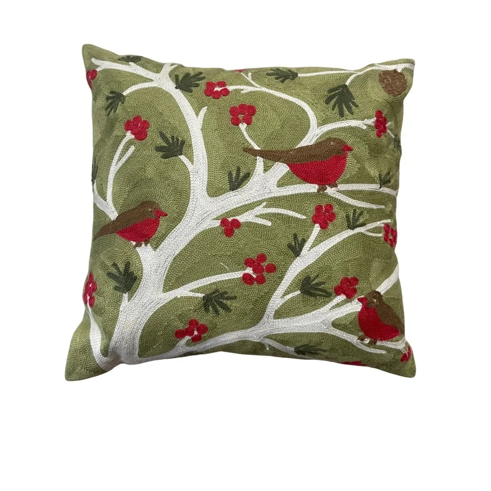Pottery Barn Embroidered Bird Berries Limbs 17 x 17 Pillow w Feather Insert